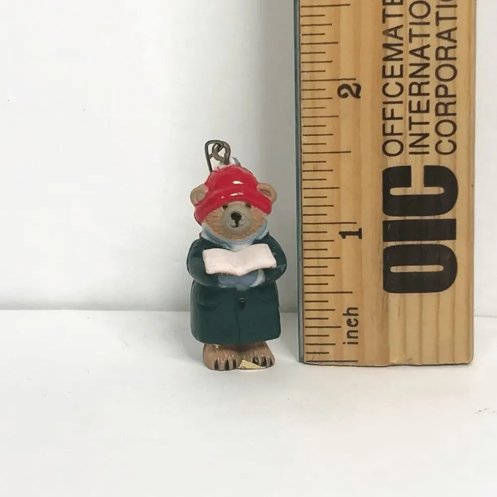 vintage miniature bear in hat caroling book ornament plastic 1.5 inches‎